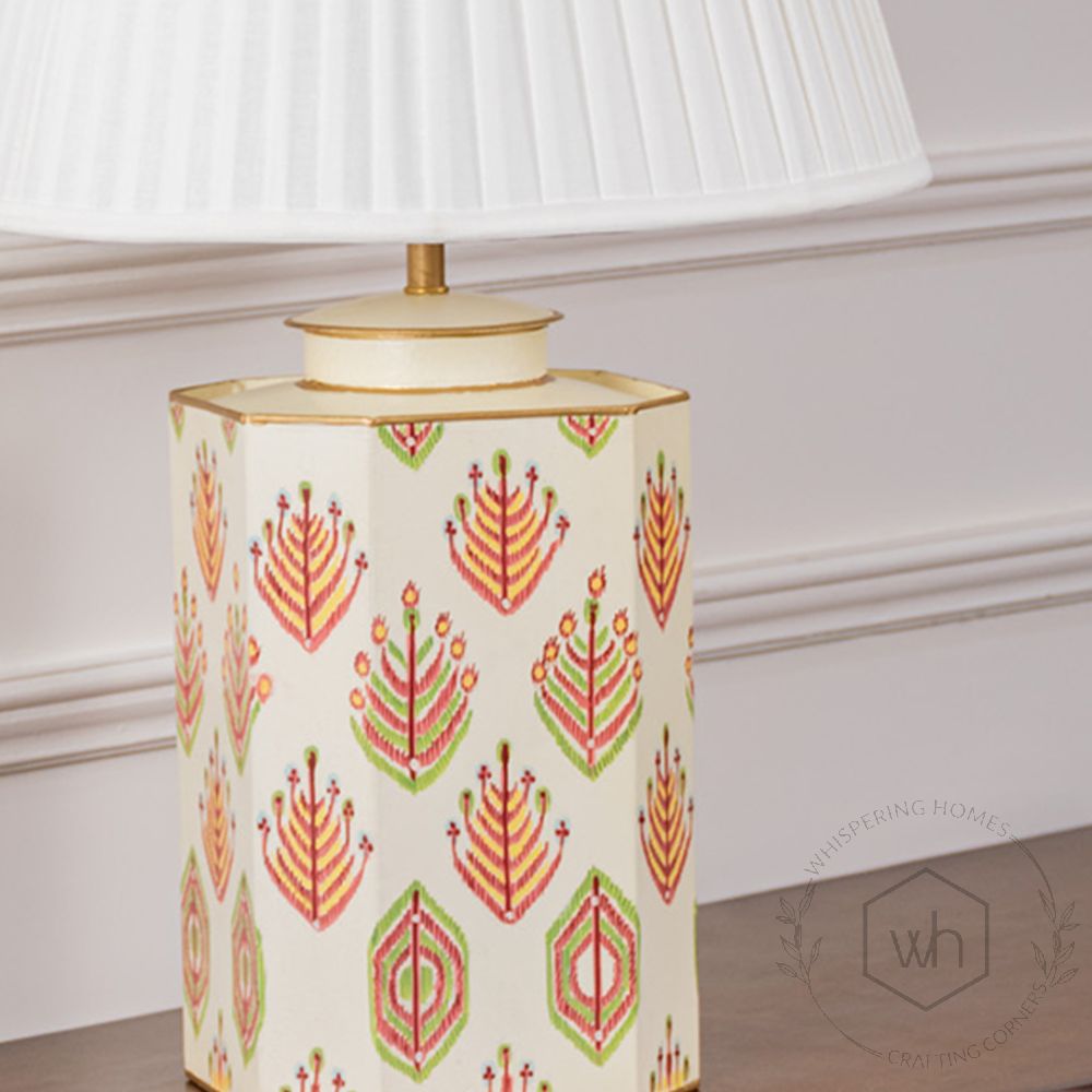 Warli Shankha Metal Table Lamp with White Pleated Lamp shade Closeup