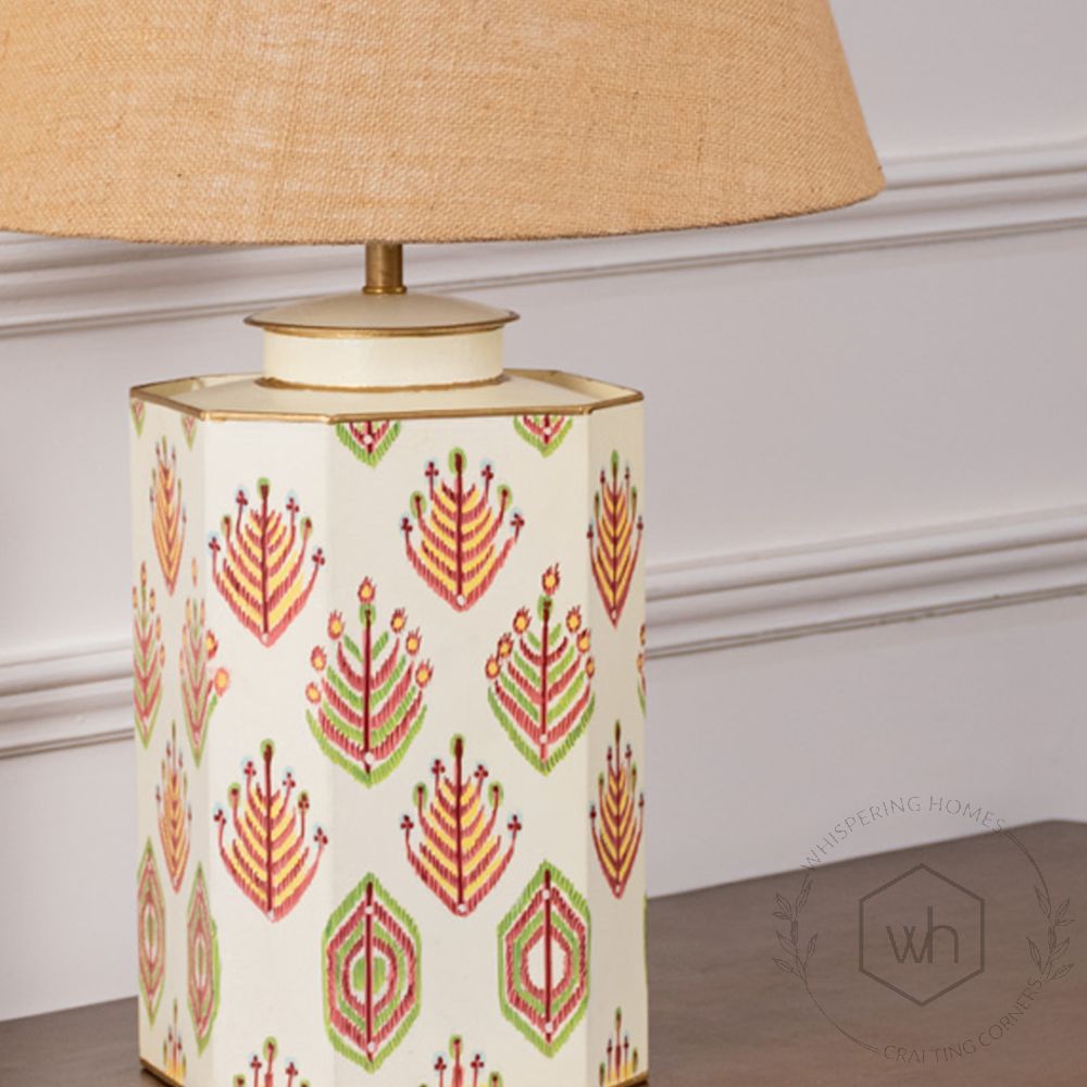 Warli Shankha Metal Table Lamp with Beige Linen Lamp shade Closeup