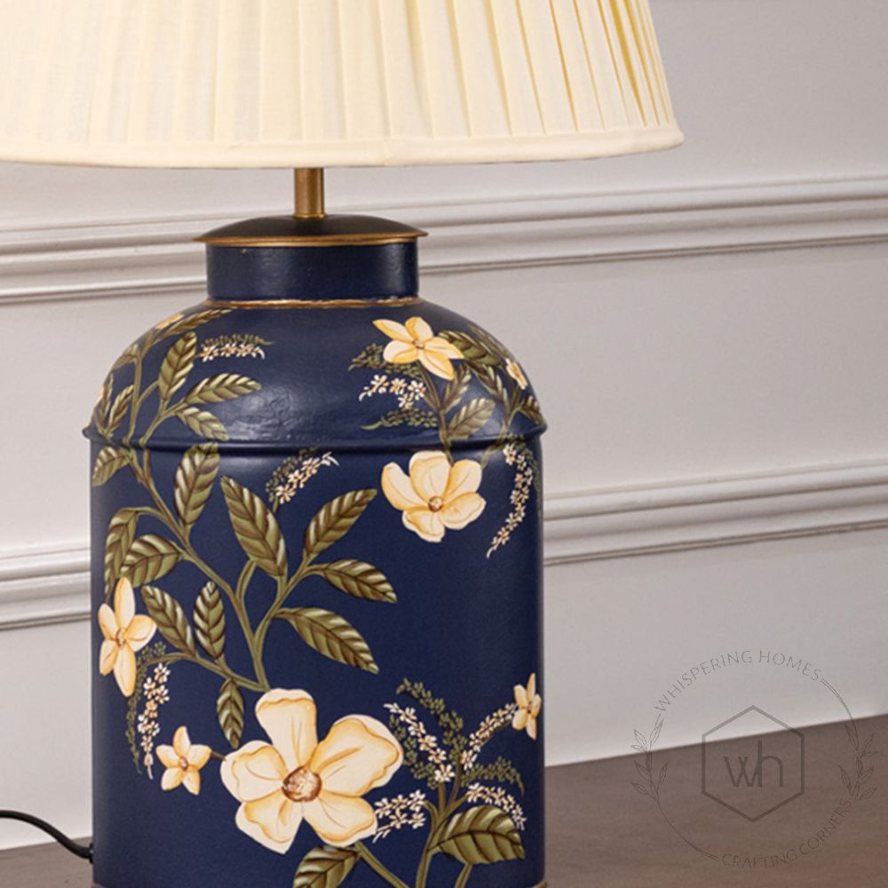 Plumeria Blue Metal Table Lamp with Off White Pleated Lamp shade Closeup