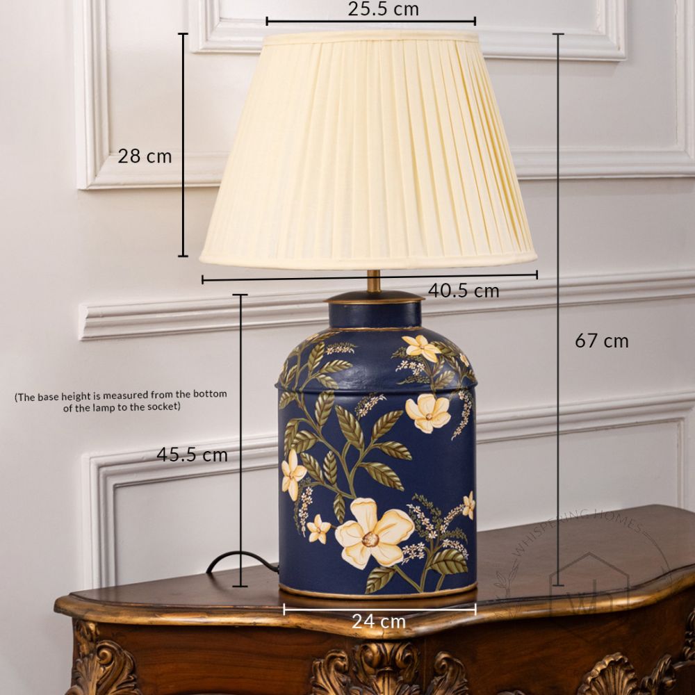 Plumeria Blue Metal Table Lamp with Off White Pleated Lamp shade Dimensions