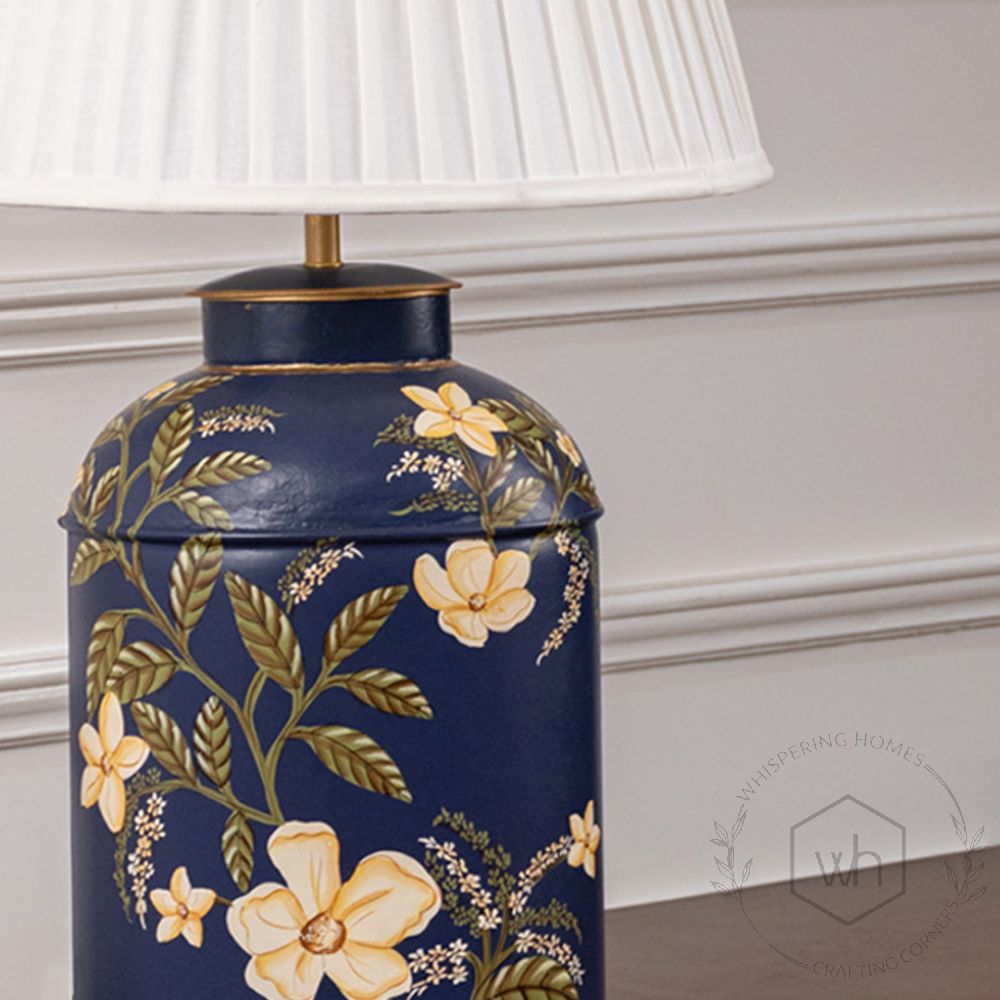 Plumeria Blue Metal Table Lamp with White Pleated Lamp shade Closeup