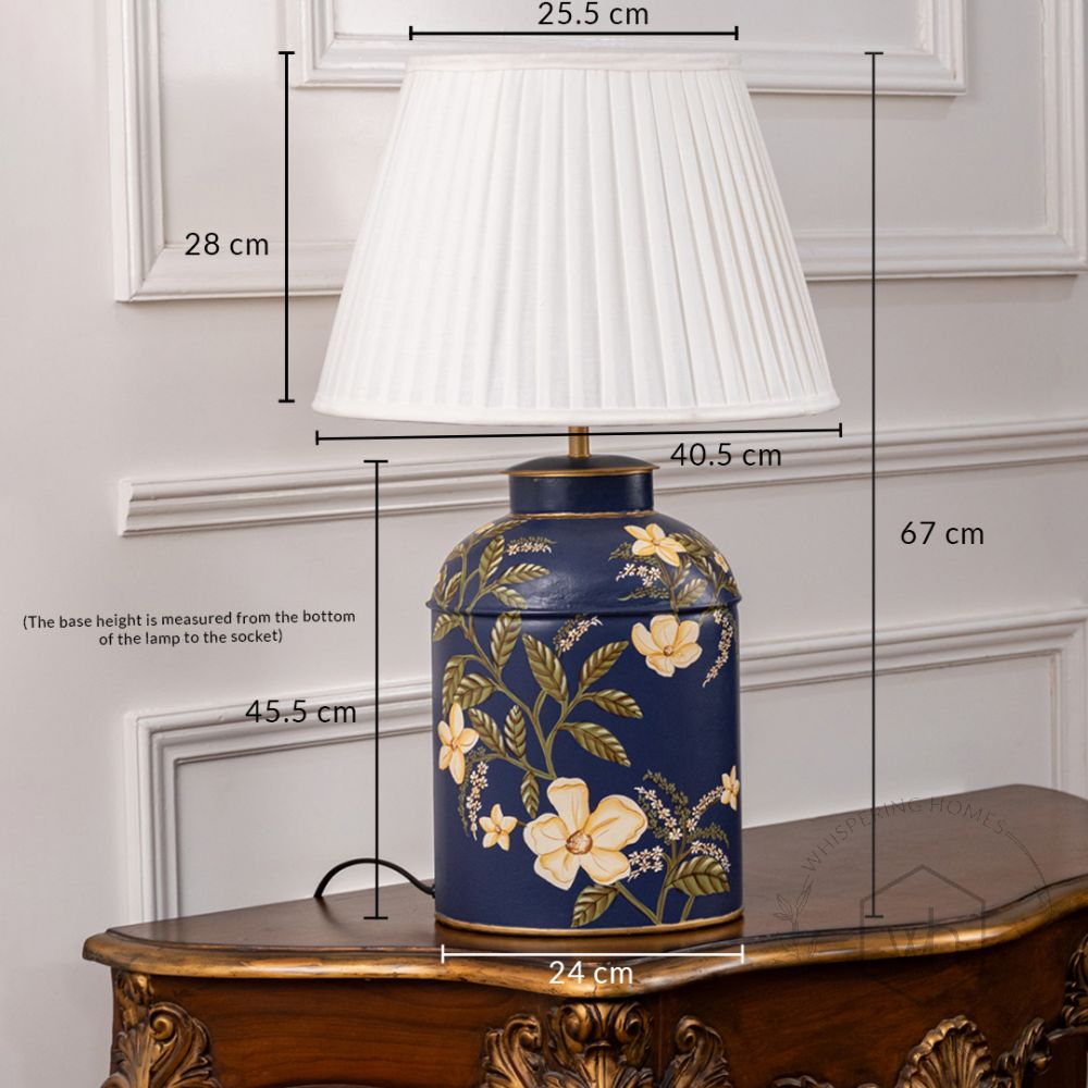 Plumeria Blue Metal Table Lamp with White Pleated Lamp shade Dimensions