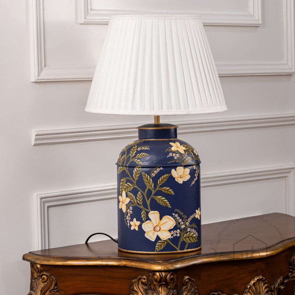 Plumeria Blue Metal Table Lamp with White Pleated Lamp shade Light Off White Background