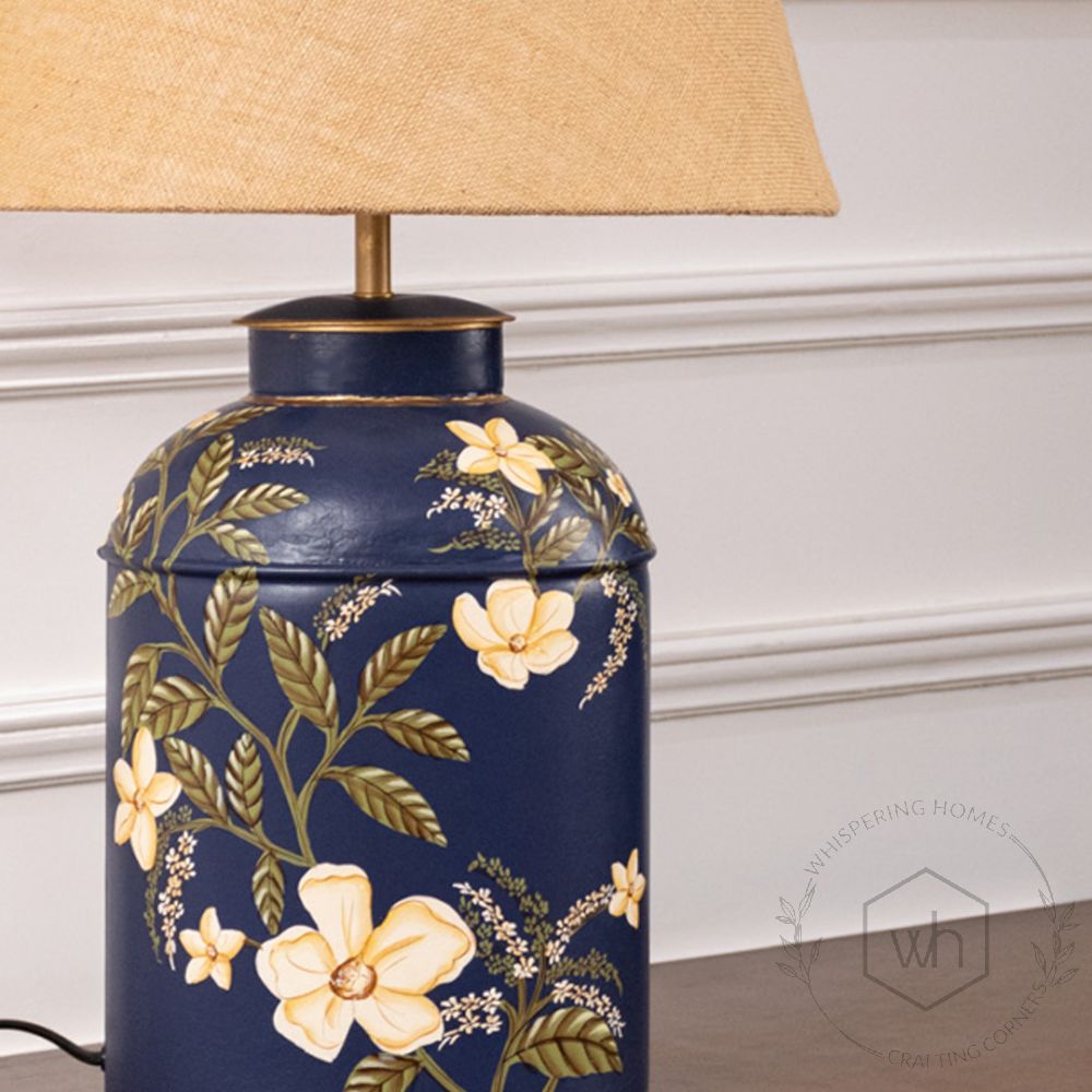 Plumeria Blue Metal Table Lamp with Beige Linen Lamp shade Closeup