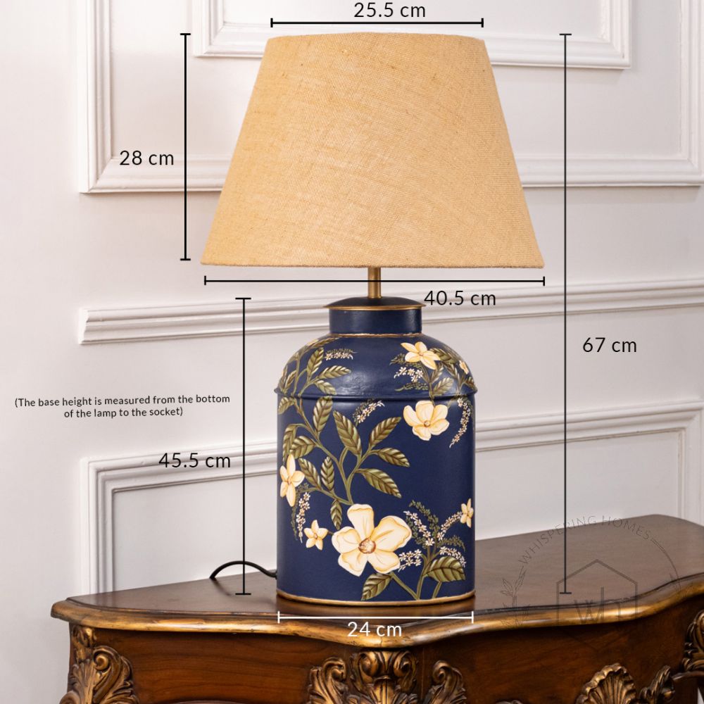 Plumeria Blue Metal Table Lamp with Beige Linen Lamp shade Dimensions