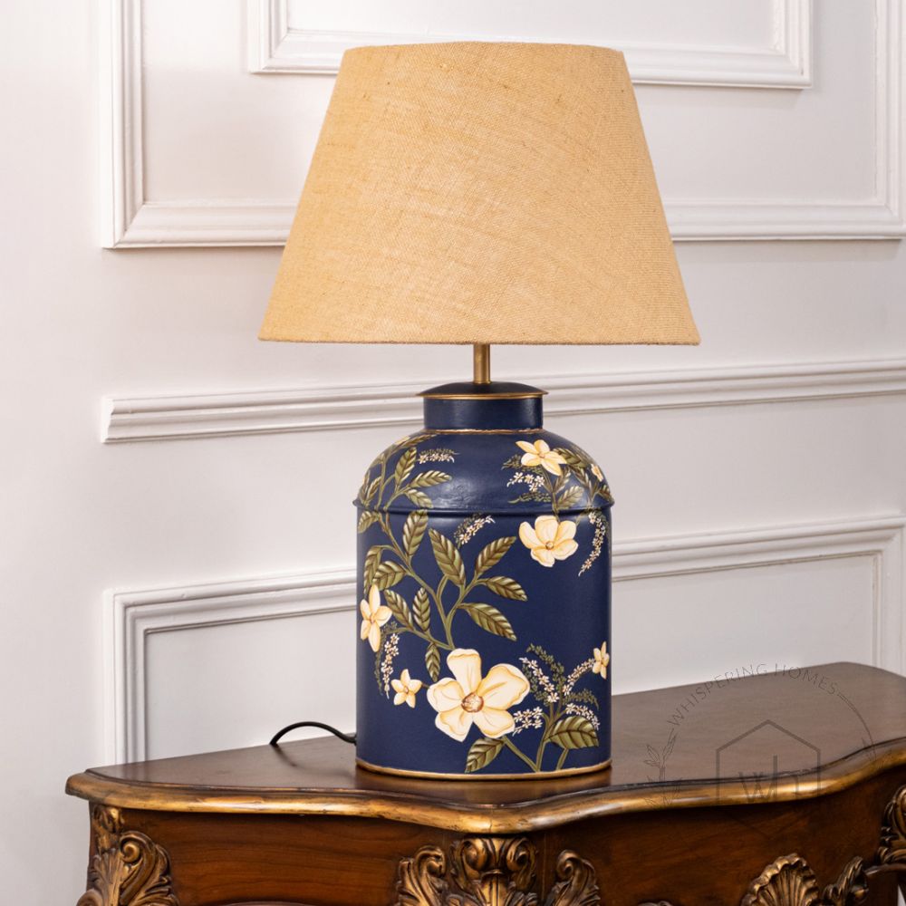 Plumeria Blue Metal Table Lamp with Beige Linen Lamp shade Light Off White Background