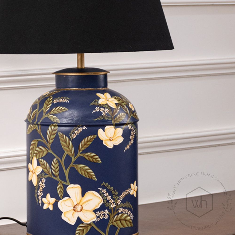 Plumeria Blue Metal Table Lamp with Black Linen Lamp shade Closeup