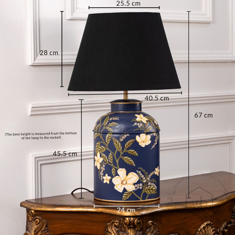 Plumeria Blue Metal Table Lamp with Black Linen Lamp shade Dimensions