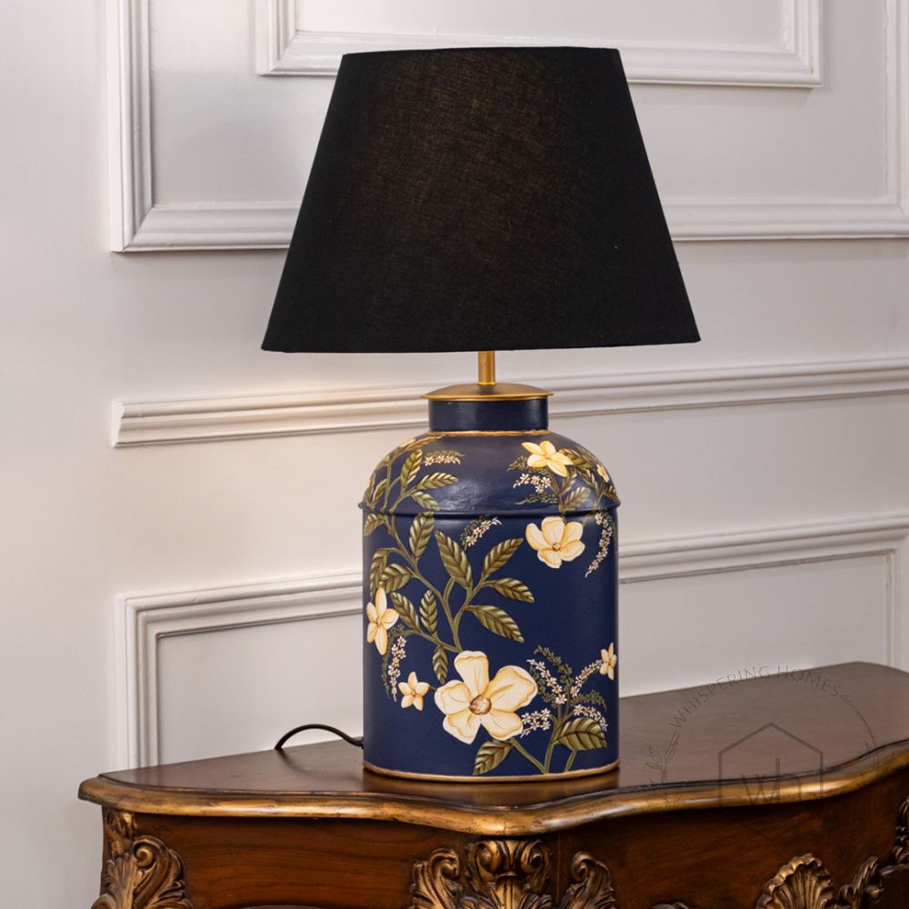 Plumeria Blue Metal Table Lamp with Black Linen Lamp shade Light On White Background