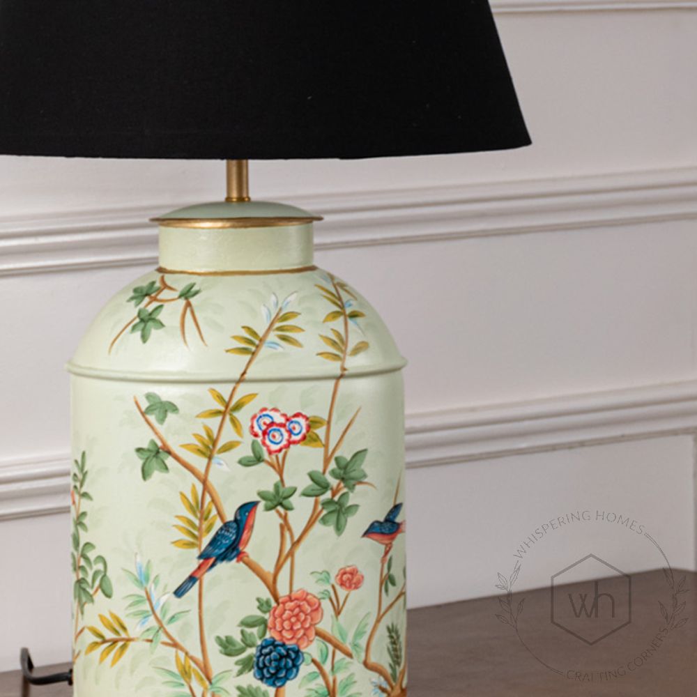 Tropical Garden Green Metal Table Lamp with Black Linen Lamp shade Closeup