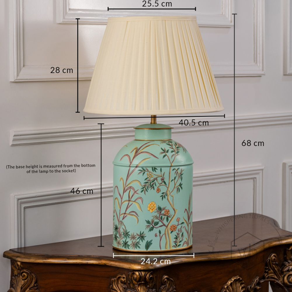 Tropical Garden Sky Blue Metal Table Lamp with Off White Pleated Lamp shade Dimensions