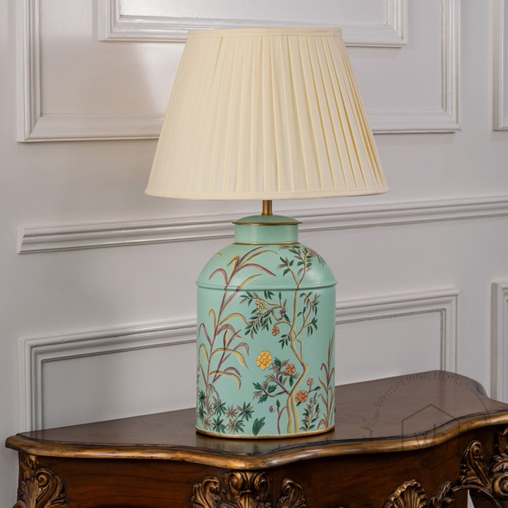 Tropical Garden Sky Blue Metal Table Lamp with Off White Pleated Lamp shade Light Off White Background