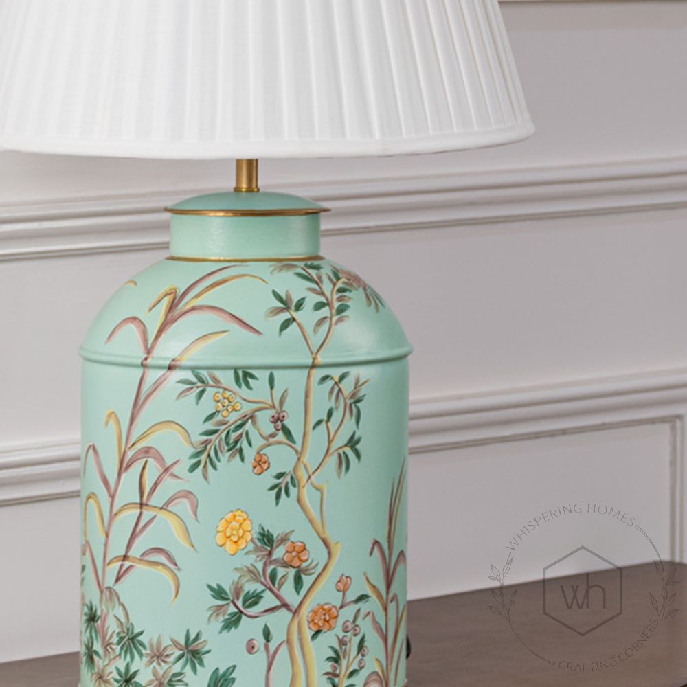 Tropical Garden Sky Blue Metal Table Lamp with White Pleated Lamp shade Closeup