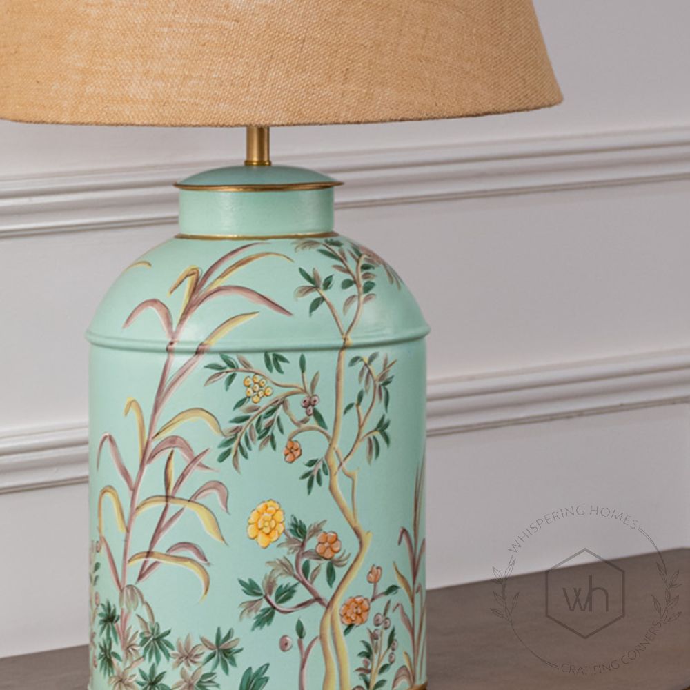 Tropical Garden Sky Blue Metal Table Lamp with Beige Linen Lamp shade Closeup