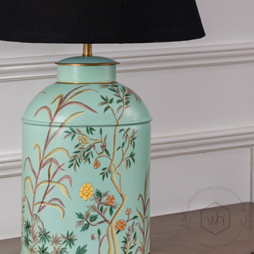 Tropical Garden Sky Blue Metal Table Lamp with Black Linen Lamp shade Closeup