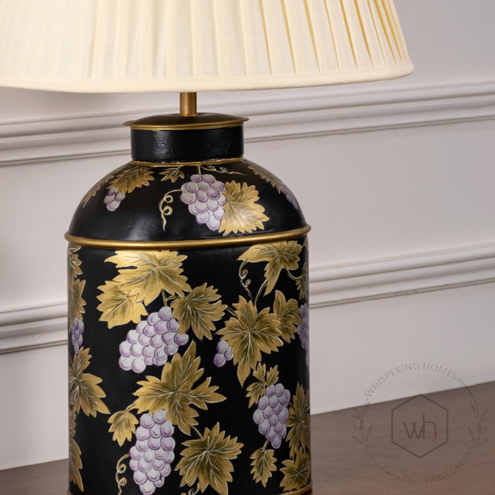 Grape Vine Black Metal Table Lamp with Off White Pleated Lamp shade Closeup