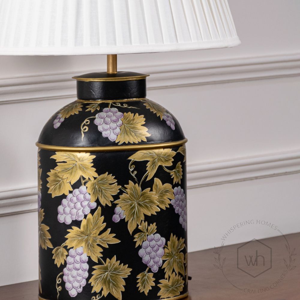 Grape Vine Black Metal Table Lamp with White Pleated Lamp shade Closeup