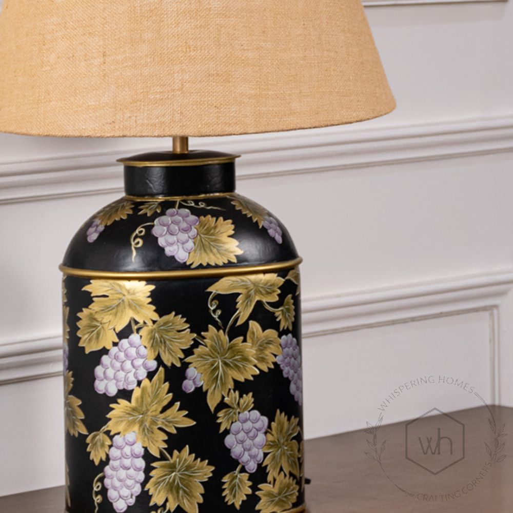 Grape Vine Black Metal Table Lamp with Beige Linen Lamp shade Closeup