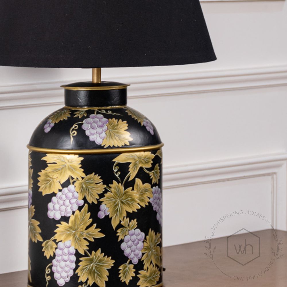 Grape Vine Black Metal Table Lamp with Black Linen Lamp shade Closeup