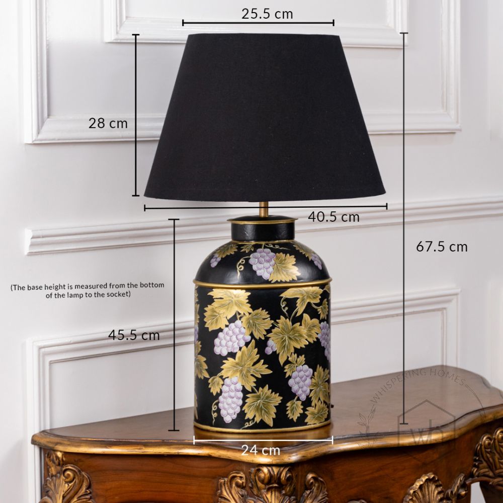 Grape Vine Black Metal Table Lamp with Black Linen Lamp shade Dimensions