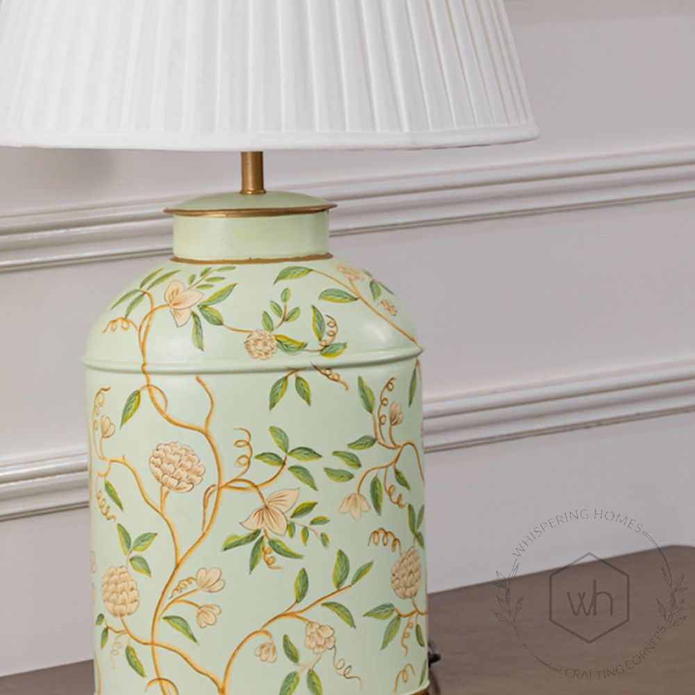 Tropical Garden White Metal Table Lamp with White Pleated Lamp shade Closeup