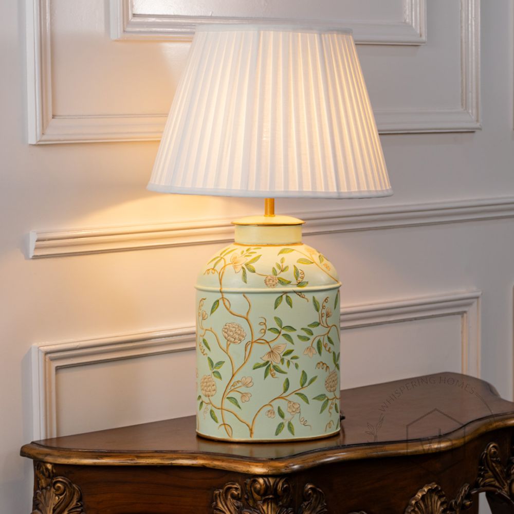 Tropical Garden White Metal Table Lamp with White Pleated Lamp shade Light On White Background