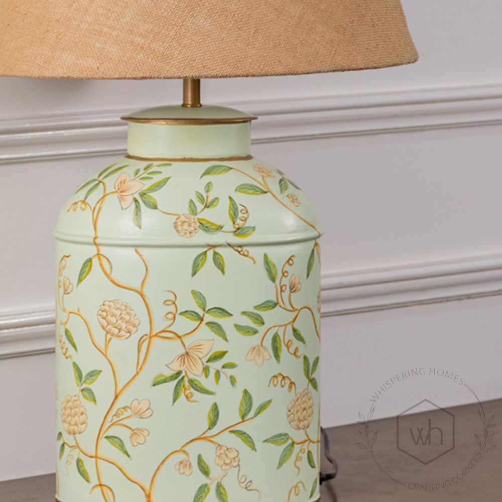 Tropical Garden White Metal Table Lamp with Beige Linen Lamp shade Closeup