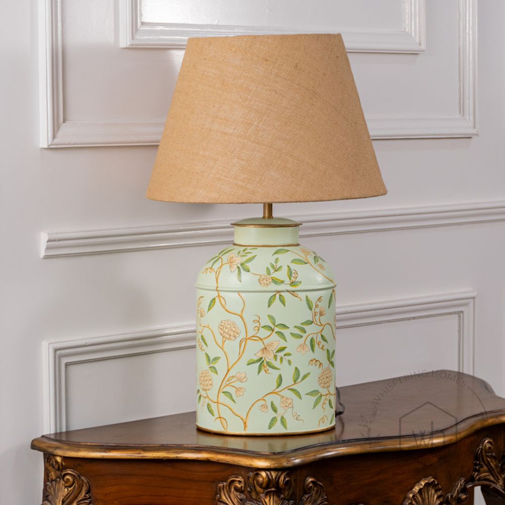 Tropical Garden White Metal Table Lamp with Beige Linen Lamp shade Light Off White Background