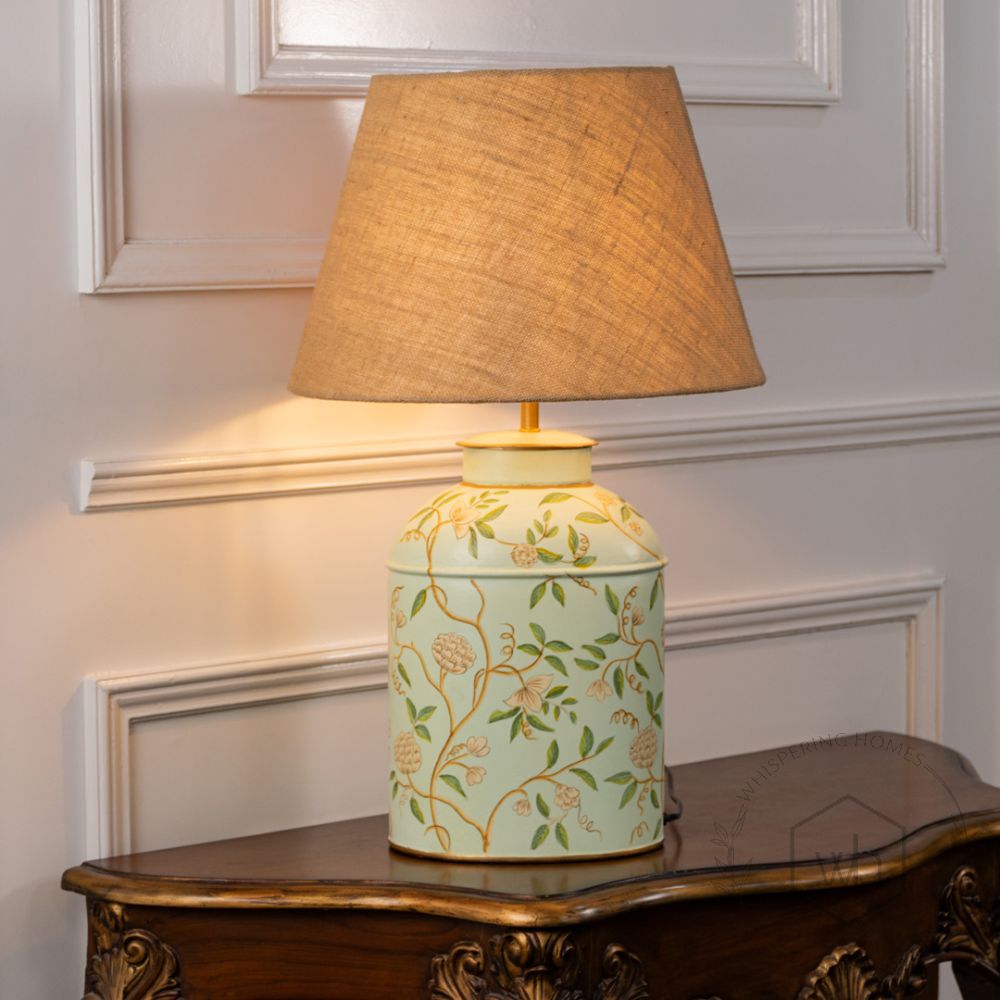 Tropical Garden White Metal Table Lamp with Beige Linen Lamp shade Light On White Background