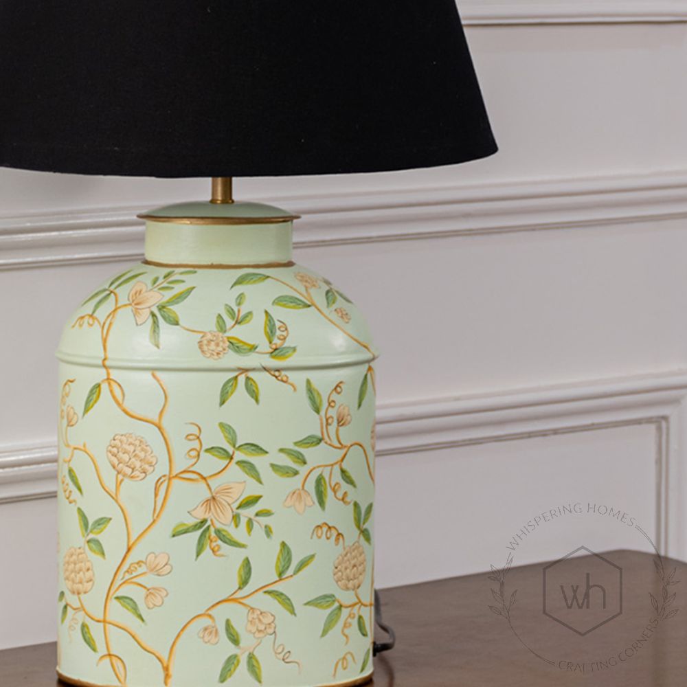 Tropical Garden White Metal Table Lamp with Black Linen Lamp shade Closeup