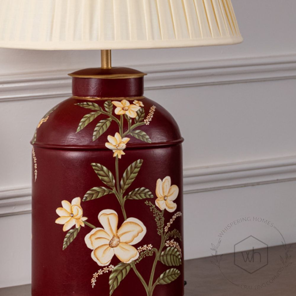 Plumeria Red Metal Table Lamp with Off White Pleated Lamp shade Closeup