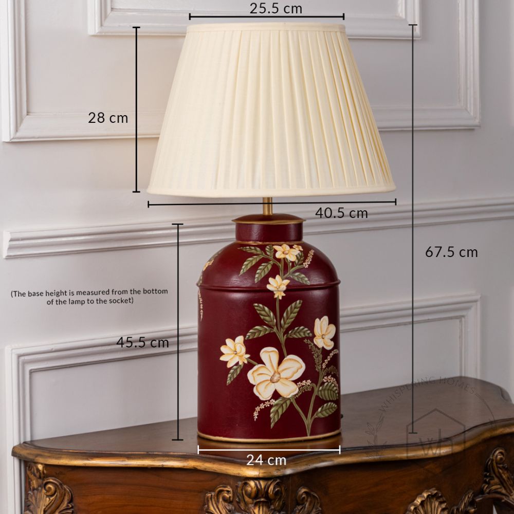 Plumeria Red Metal Table Lamp with Off White Pleated Lamp shade Dimensions