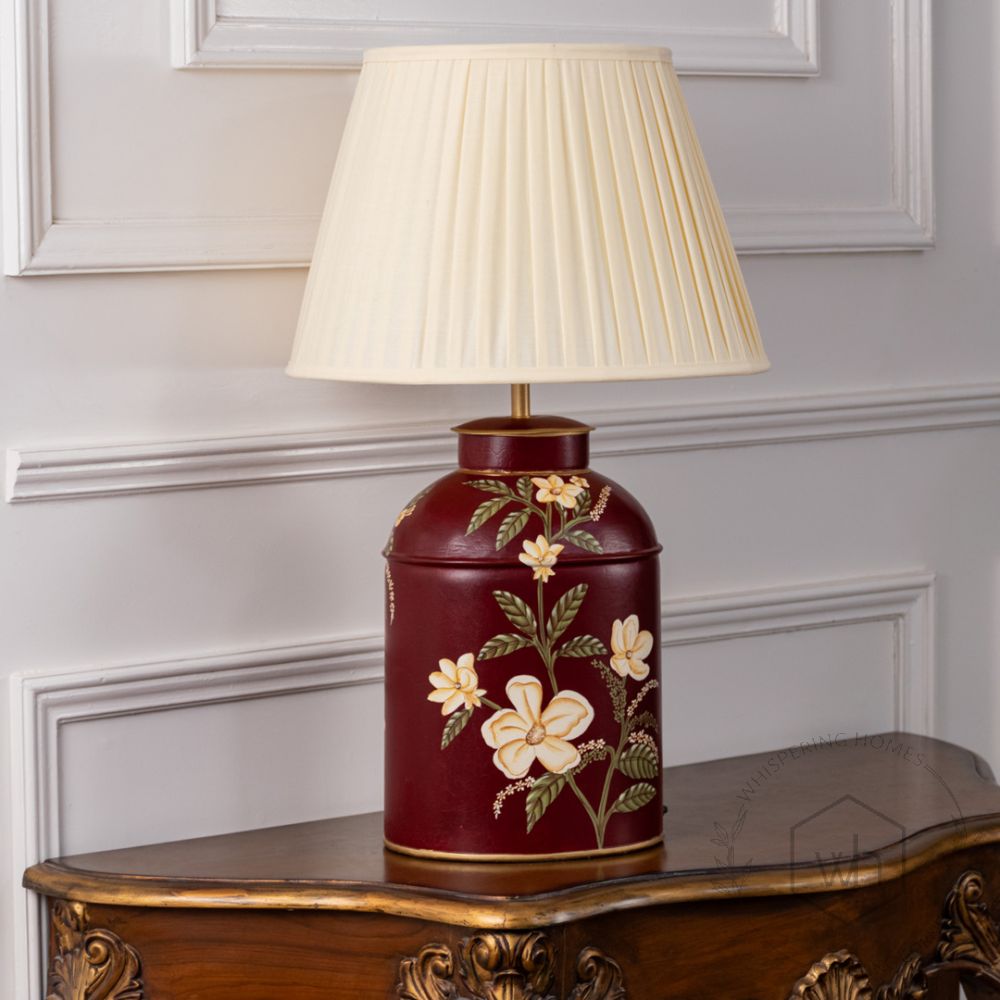 Plumeria Red Metal Table Lamp with Off White Pleated Lamp shade Light Off White Background