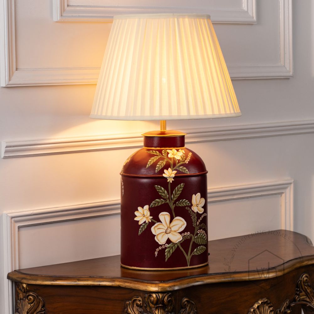 Plumeria Red Metal Table Lamp with Off White Pleated Lamp shade Light On White Background