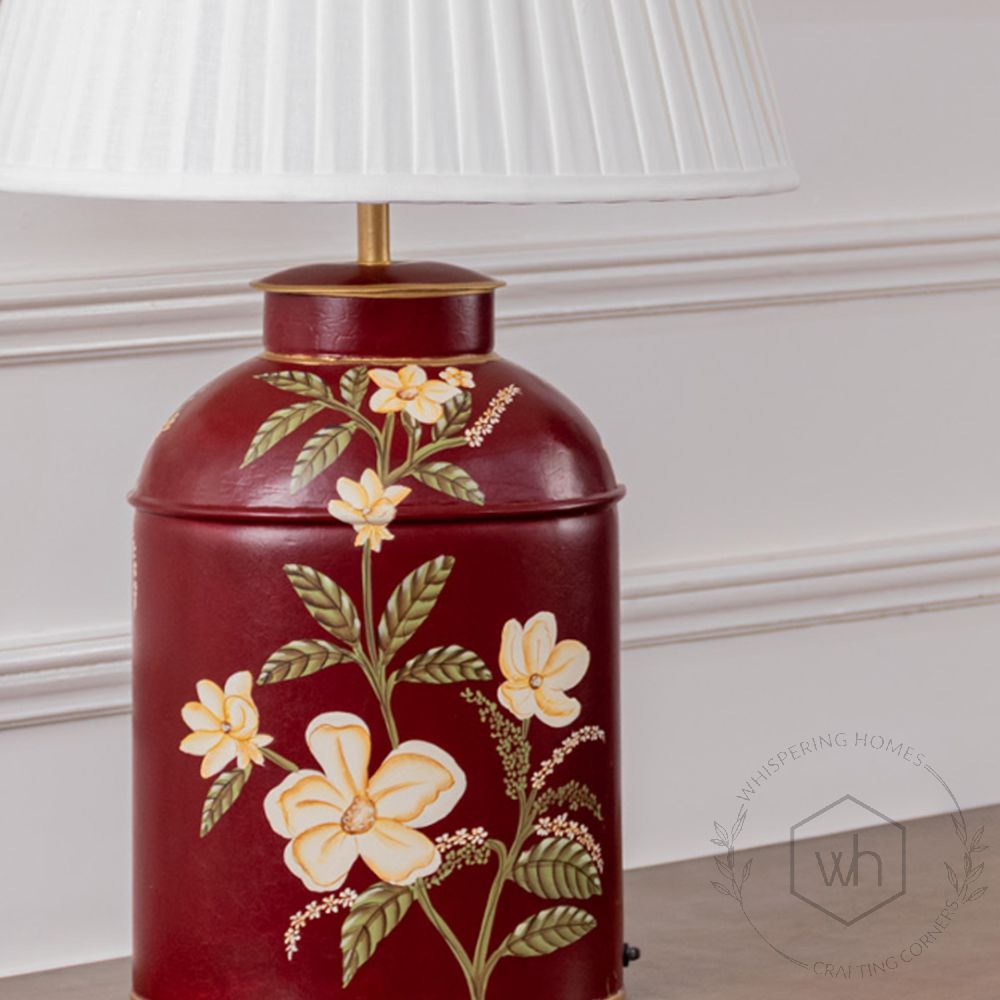 Plumeria Red Metal Table Lamp with White Pleated Lamp shade Closeup