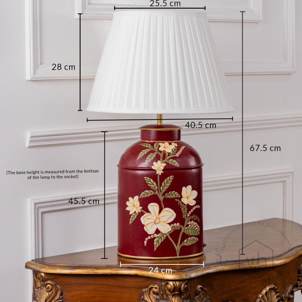 Plumeria Red Metal Table Lamp with White Pleated Lamp shade Dimensions