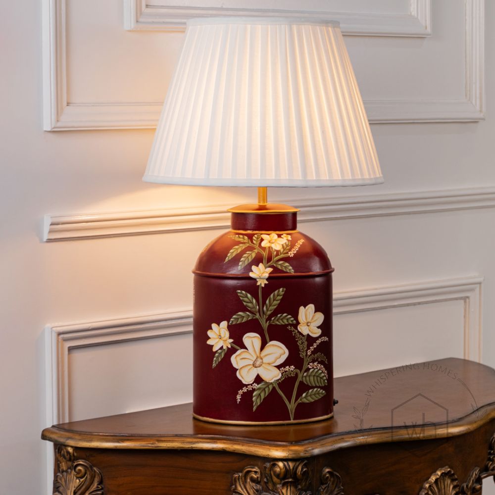 Plumeria Red Metal Table Lamp with White Pleated Lamp shade Light On White Background