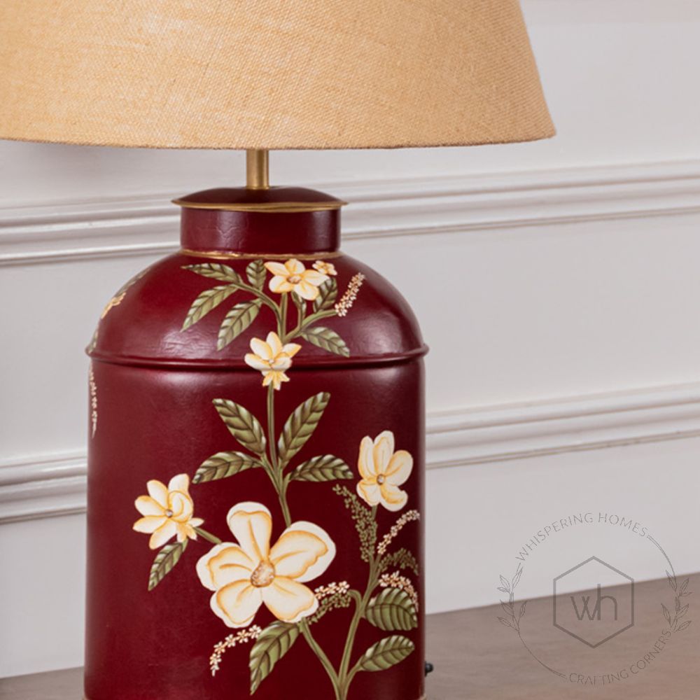 Plumeria Red Metal Table Lamp with Beige Linen Lamp shade Closeup