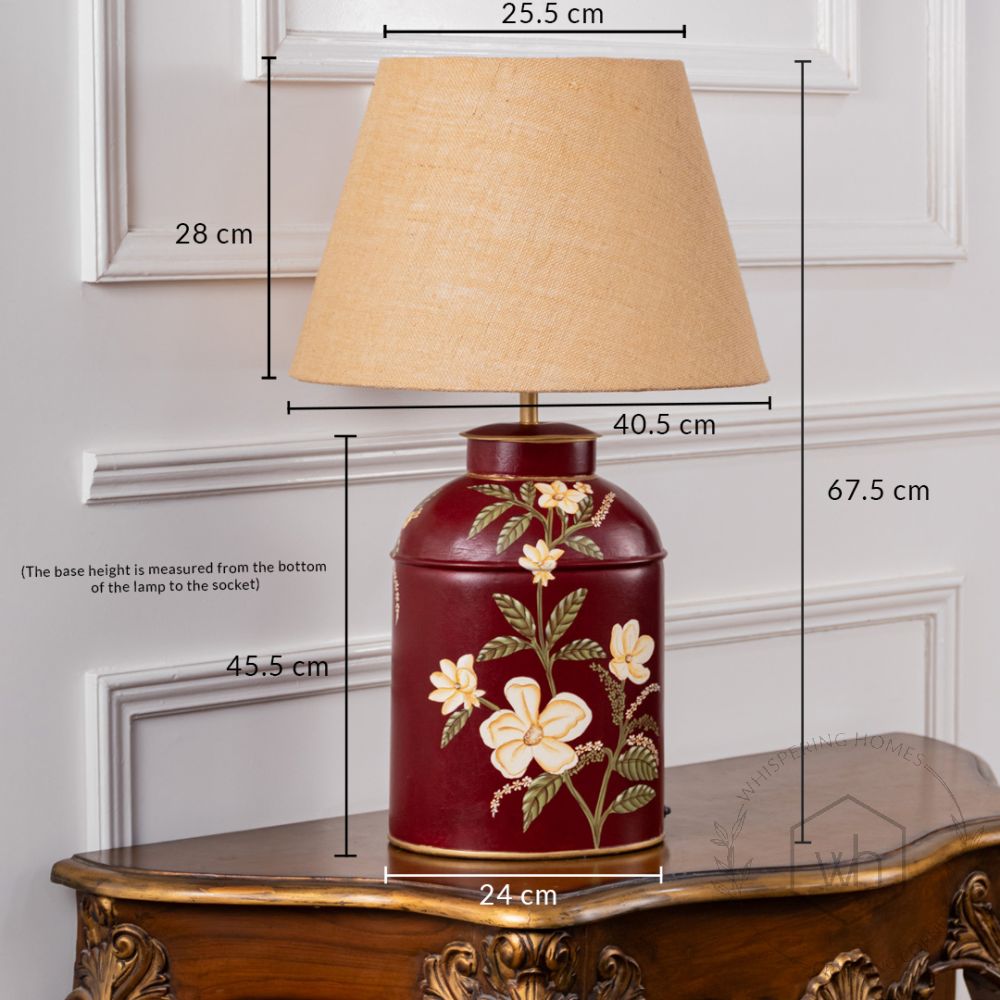 Plumeria Red Metal Table Lamp with Beige Linen Lamp shade Dimensions