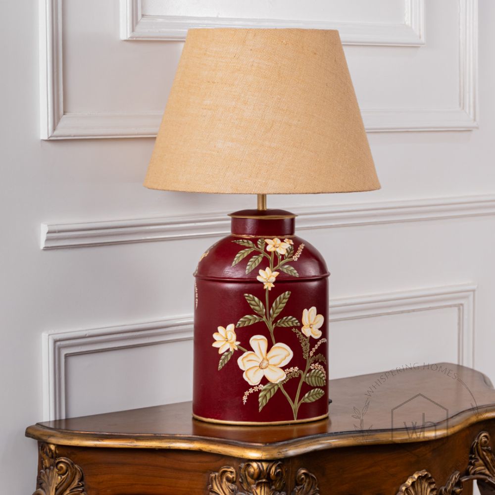 Plumeria Red Metal Table Lamp with Beige Linen Lamp shade Light Off White Background