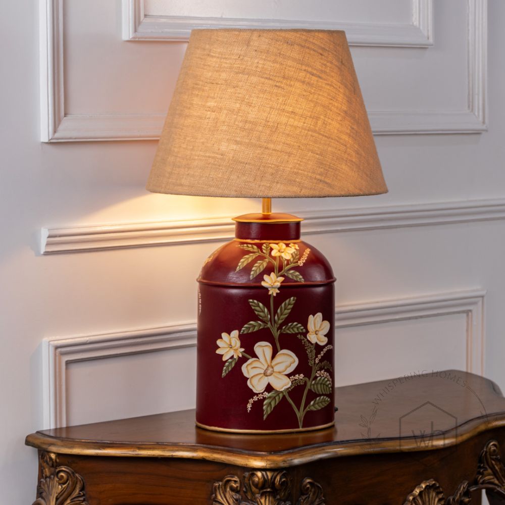 Plumeria Red Metal Table Lamp with Beige Linen Lamp shade Light On White Background