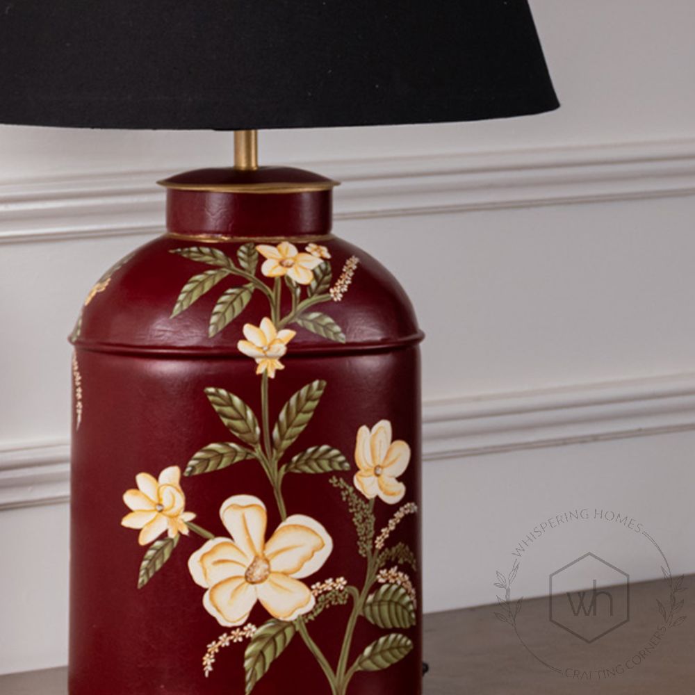 Plumeria Red Metal Table Lamp with Black Linen Lamp shade Closeup