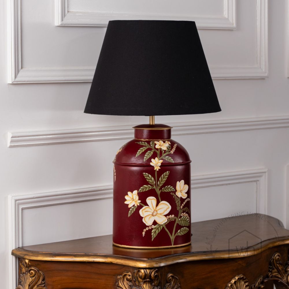 Plumeria Red Metal Table Lamp with Black Linen Lamp shade Light Off White Background