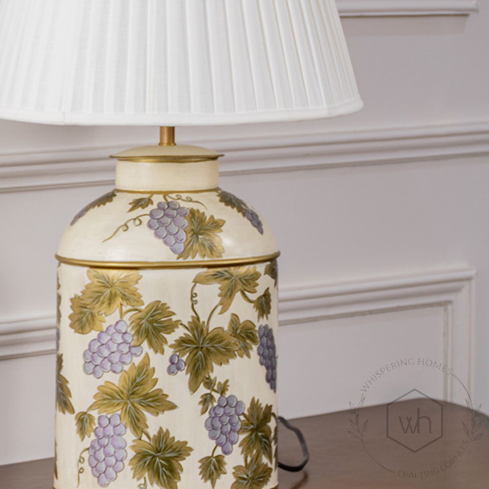 Grape Vine White Metal Table Lamp with White Pleated Lamp shade Closeup