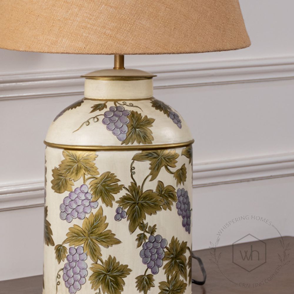 Grape Vine White Metal Table Lamp with Beige Linen Lamp shade Closeup