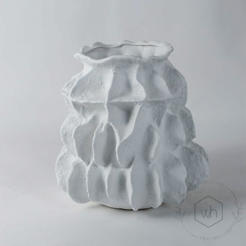 White Textured Round Ceramic Vase White Background