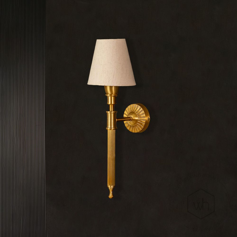 Elysian Brass Wall Sconce Fabric Shade light off black background