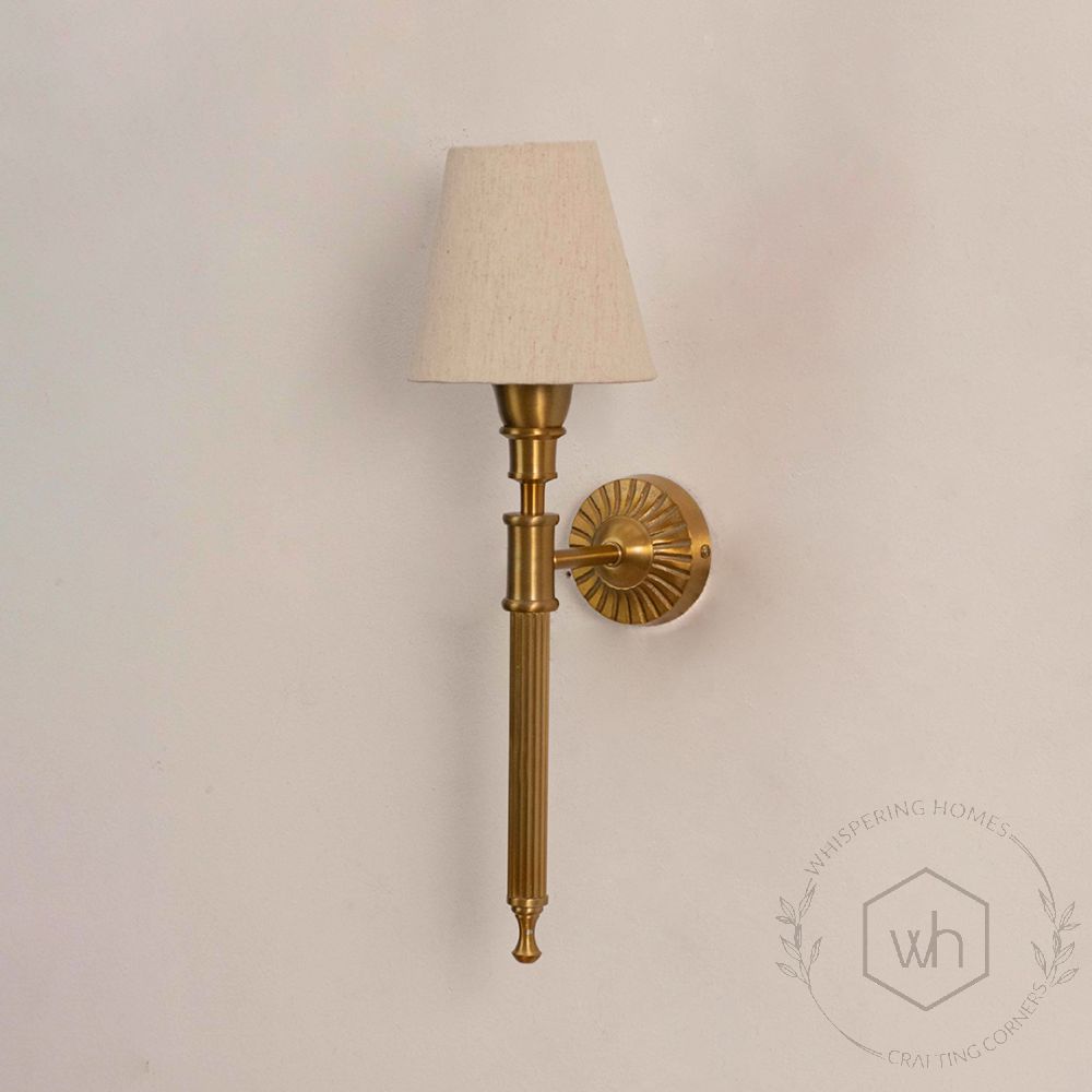 Elysian Brass Wall Sconce Fabric Shade light off white background