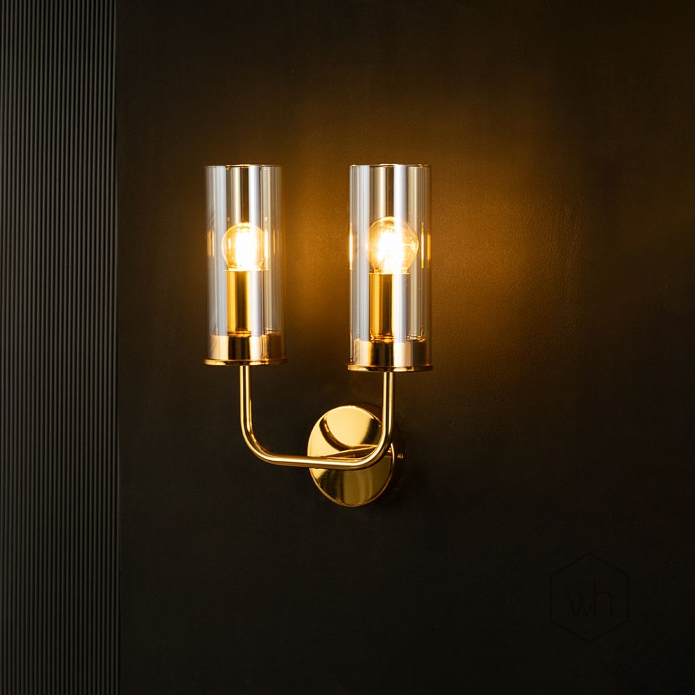 Dual Cylindrical Glass Shade Wall Sconce Light On Black Background