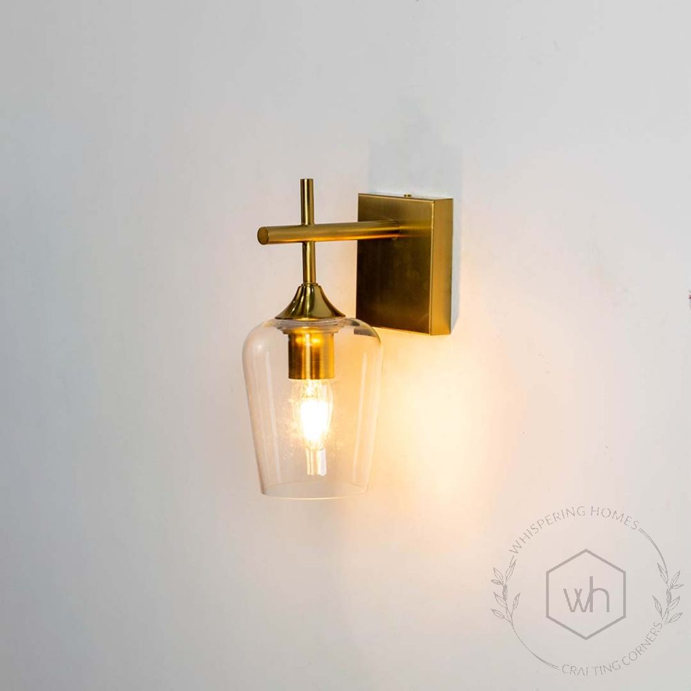 Modern Glass & Metal Golden Wall Lamp Light On White Background